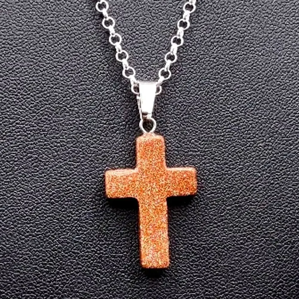925 Silver Necklace W/ Brown Goldstone Cross Vtg Boho Anniversary Birthday Gift